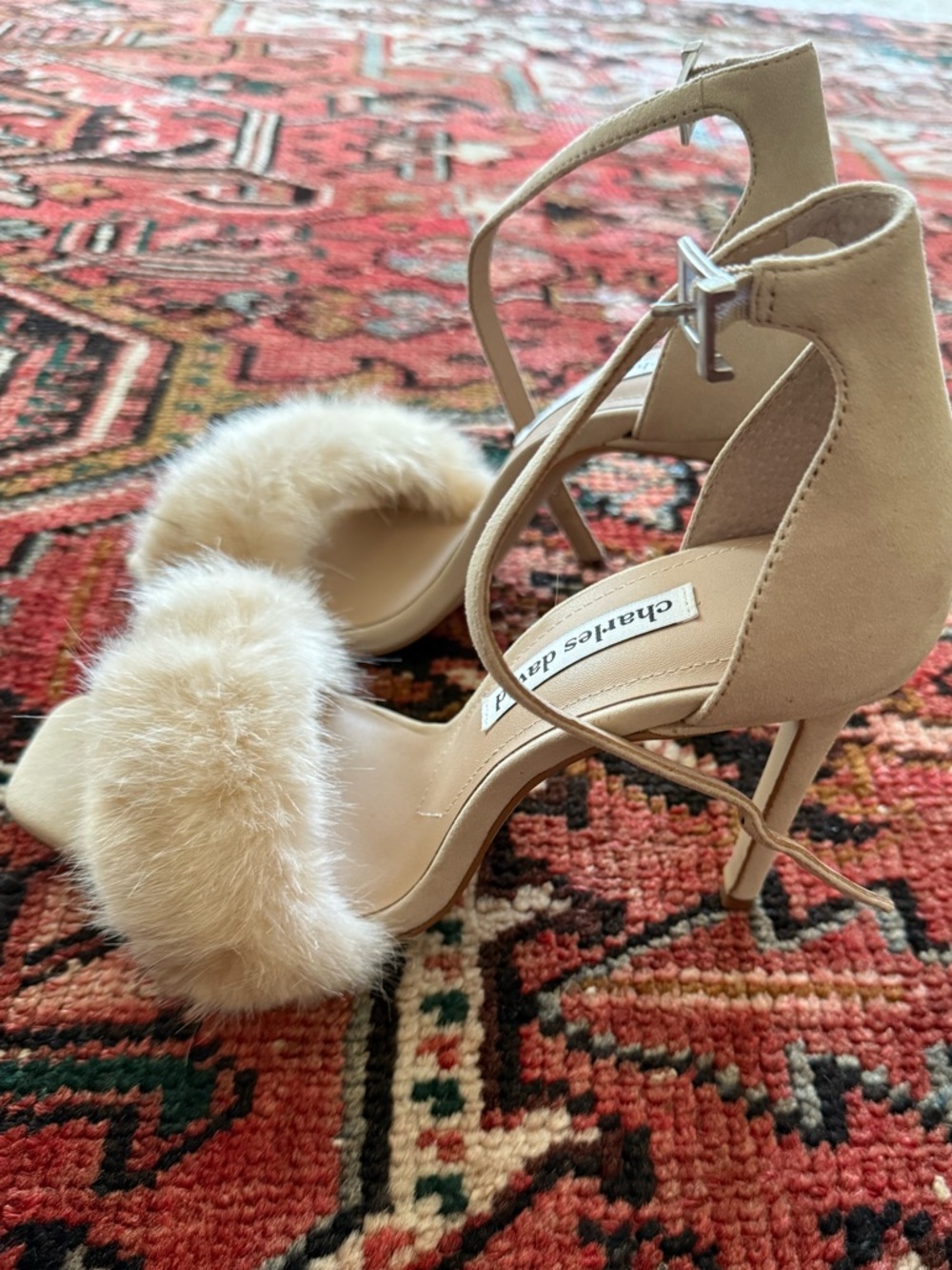 Charles David Cream Faux-Fur Ankle-Strap Stiletto